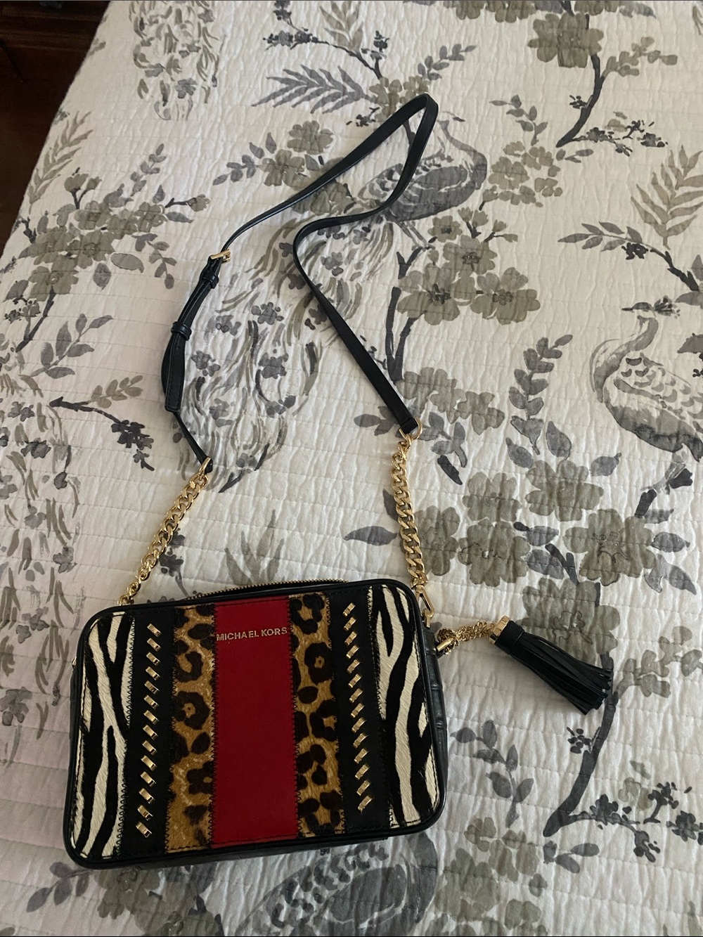 Michael Kors Black Red Leopard-Print Crossbody with Tassel